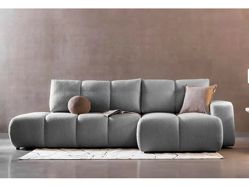 CONSTANCE - Canapé d'angle convertible tissu bouclette 4 places - Gris clair - Droit