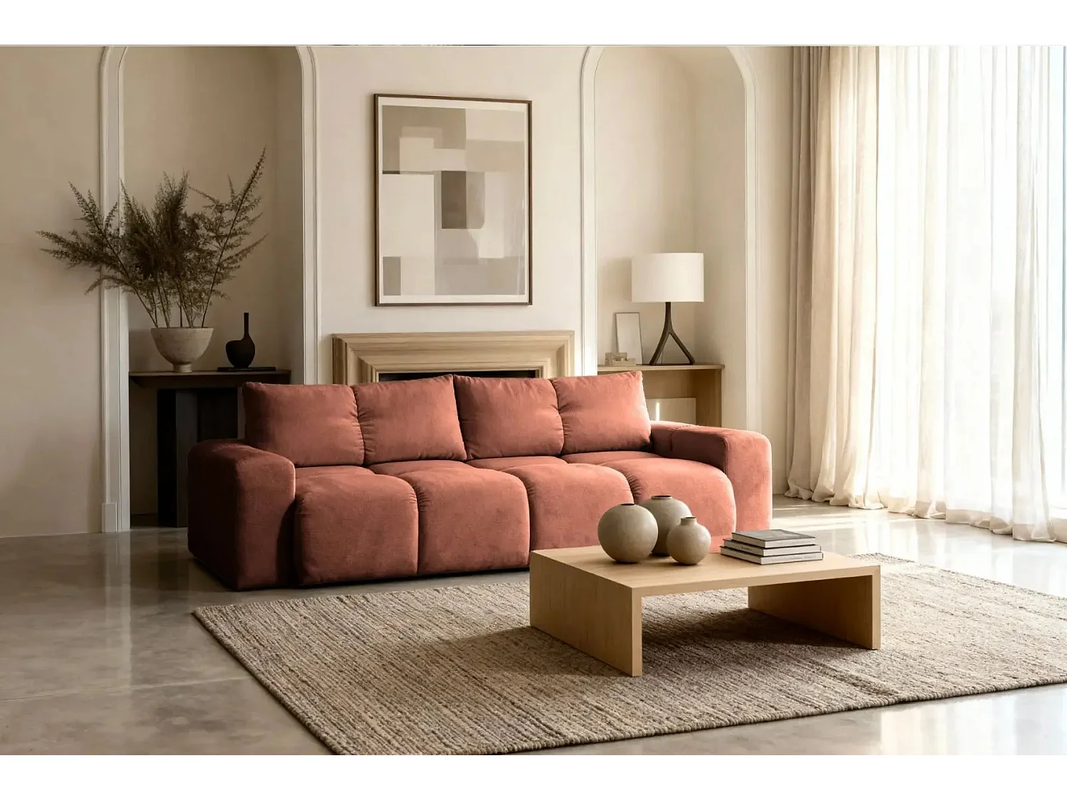 CONSTANCE - Canapé droit convertible tissu chenille 3 places - Terracotta