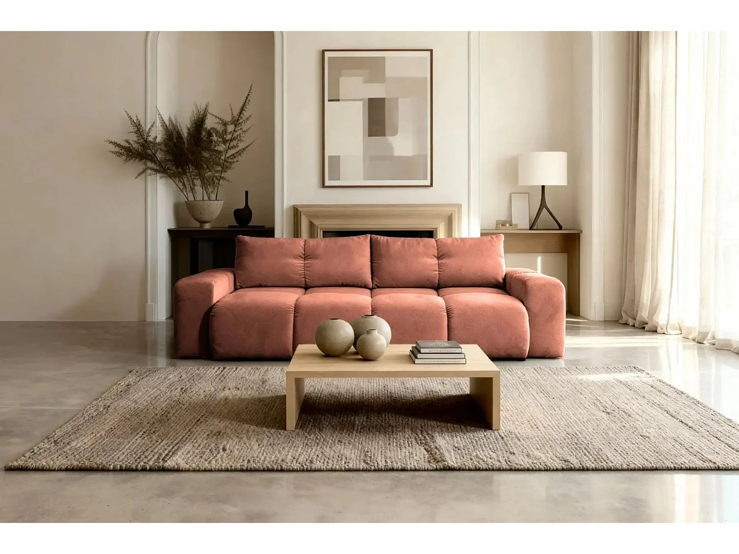 CONSTANCE - Canapé droit convertible tissu chenille 3 places - Terracotta