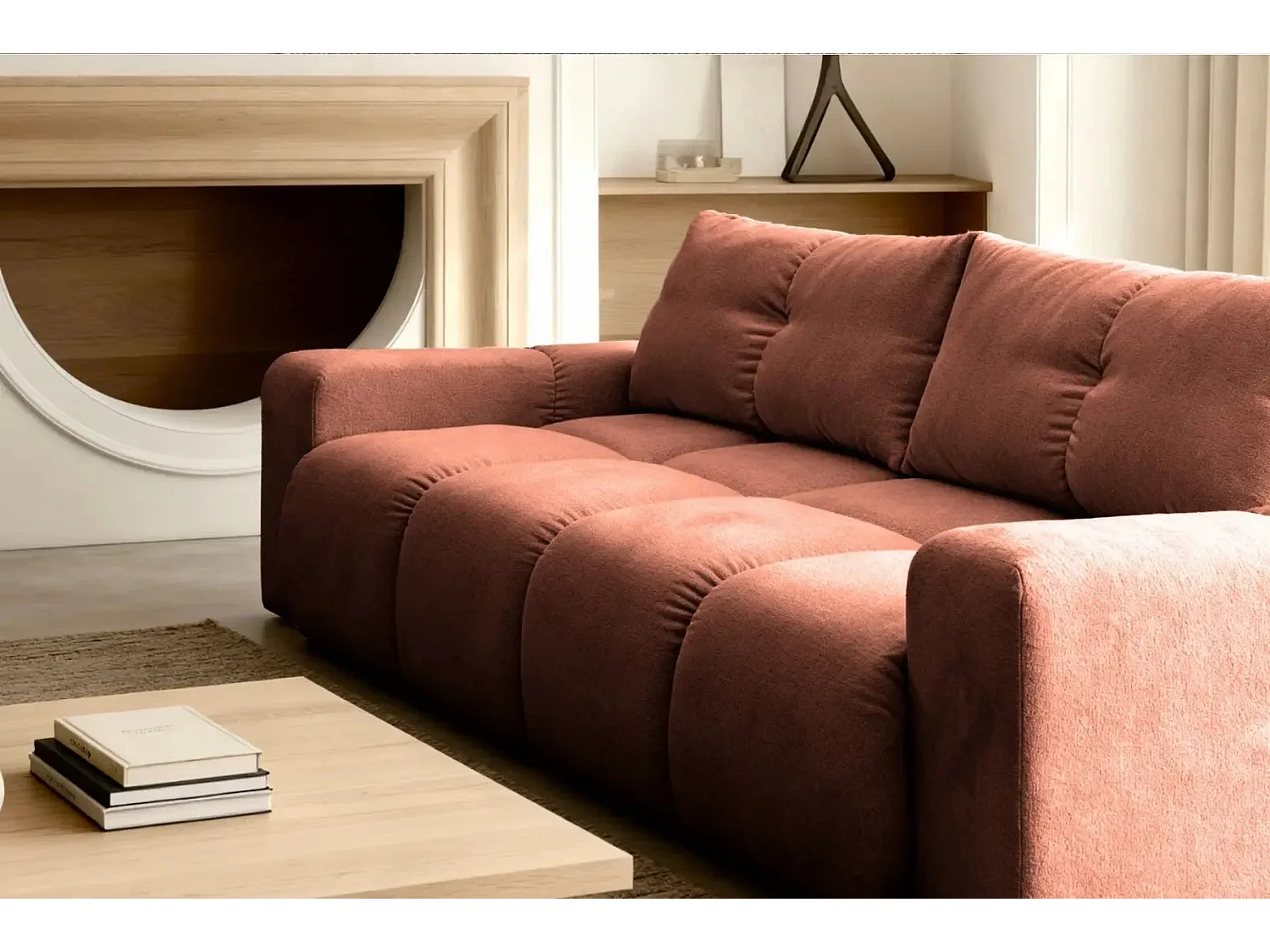 CONSTANCE - Canapé droit convertible tissu chenille 3 places - Terracotta