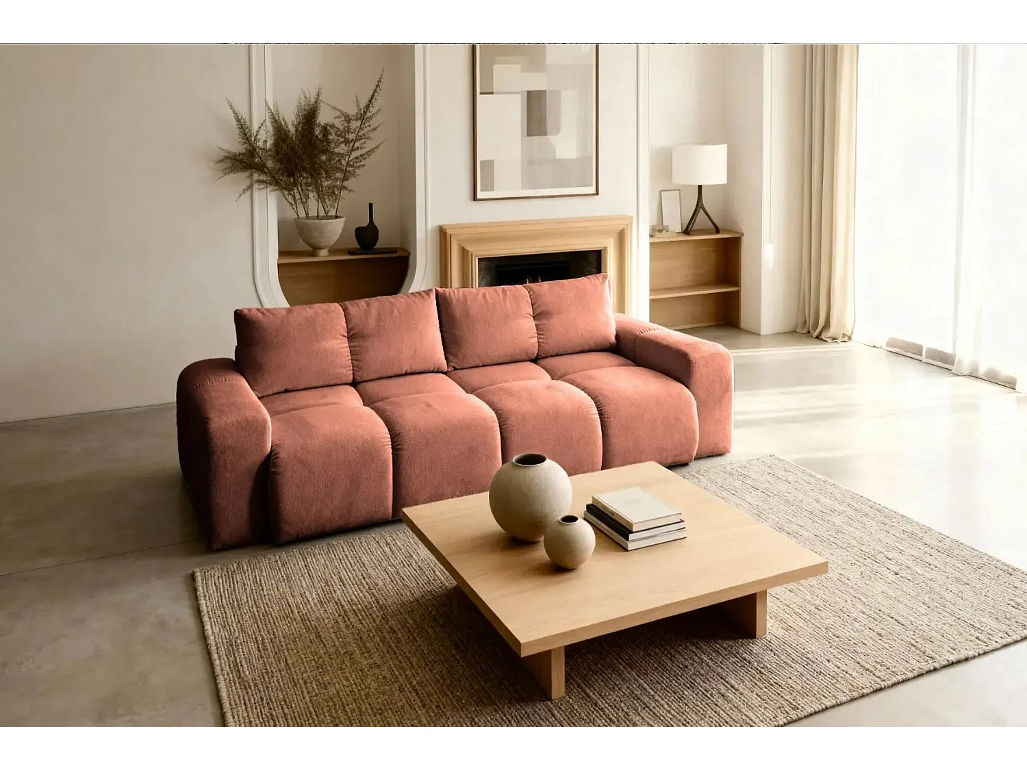 CONSTANCE - Canapé droit convertible tissu chenille 3 places - Terracotta