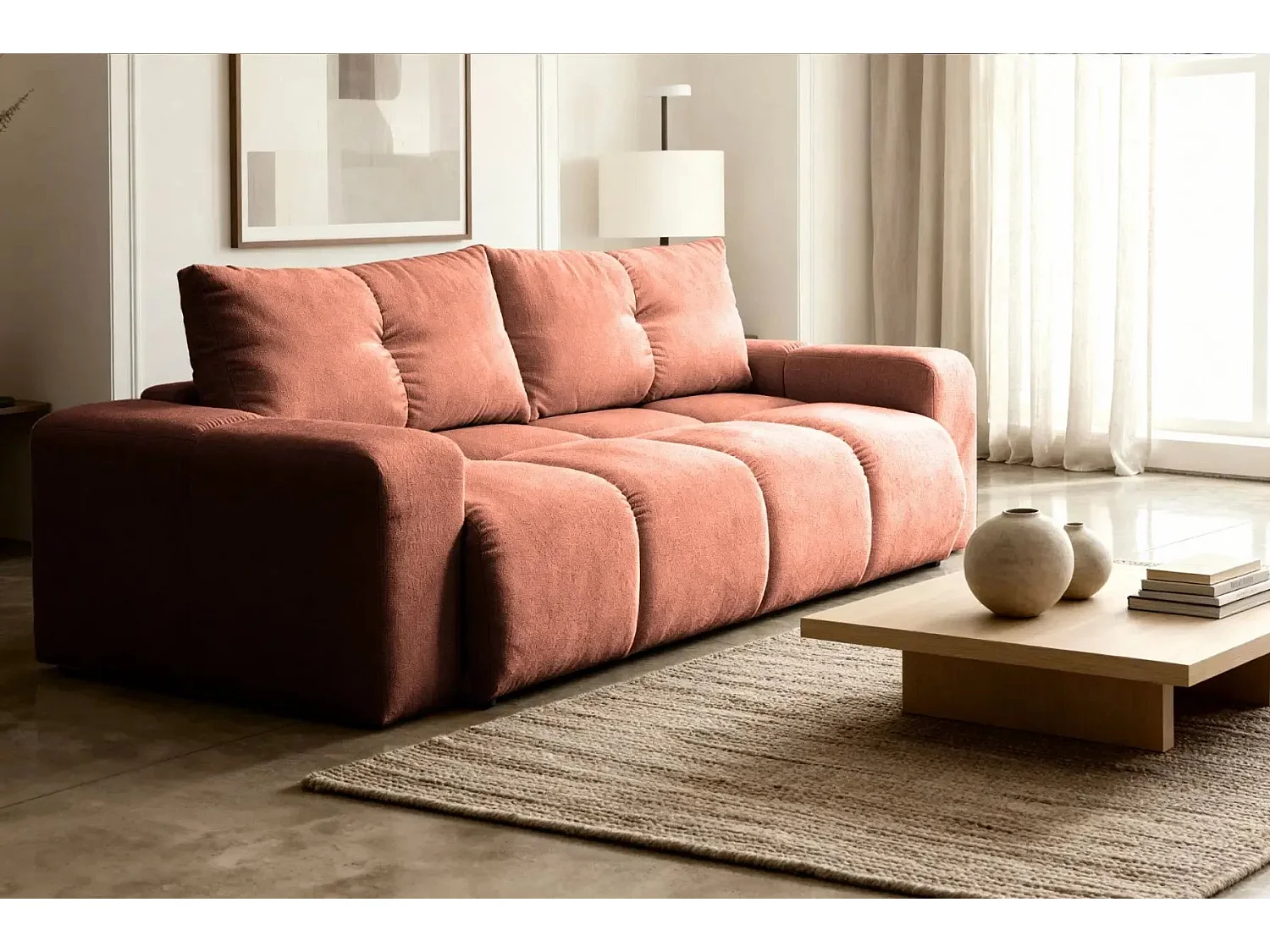 CONSTANCE - Canapé droit convertible tissu chenille 3 places - Terracotta