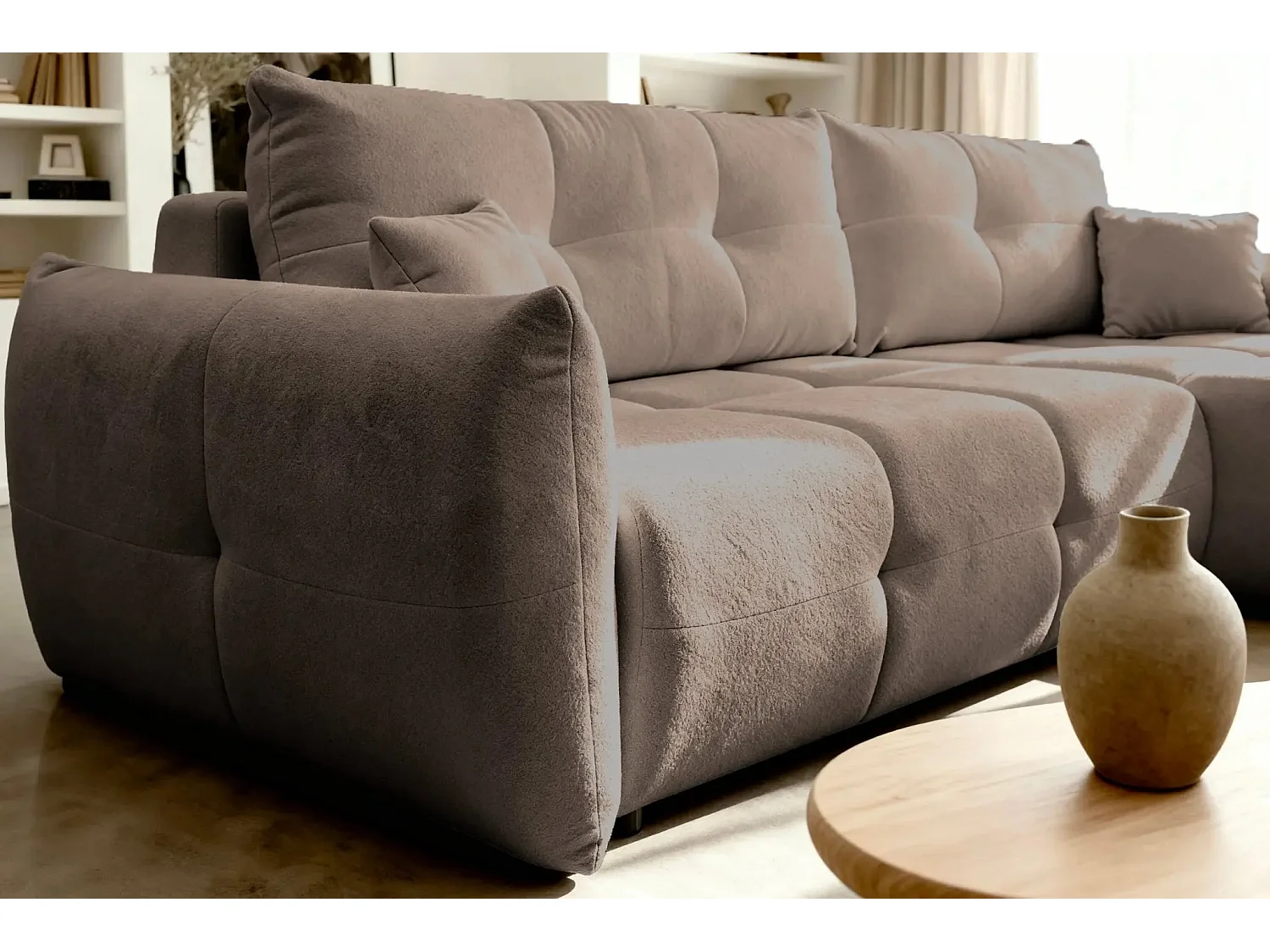 JUNE - Canapé d'angle convertible tissu bouclette 3 places - Café