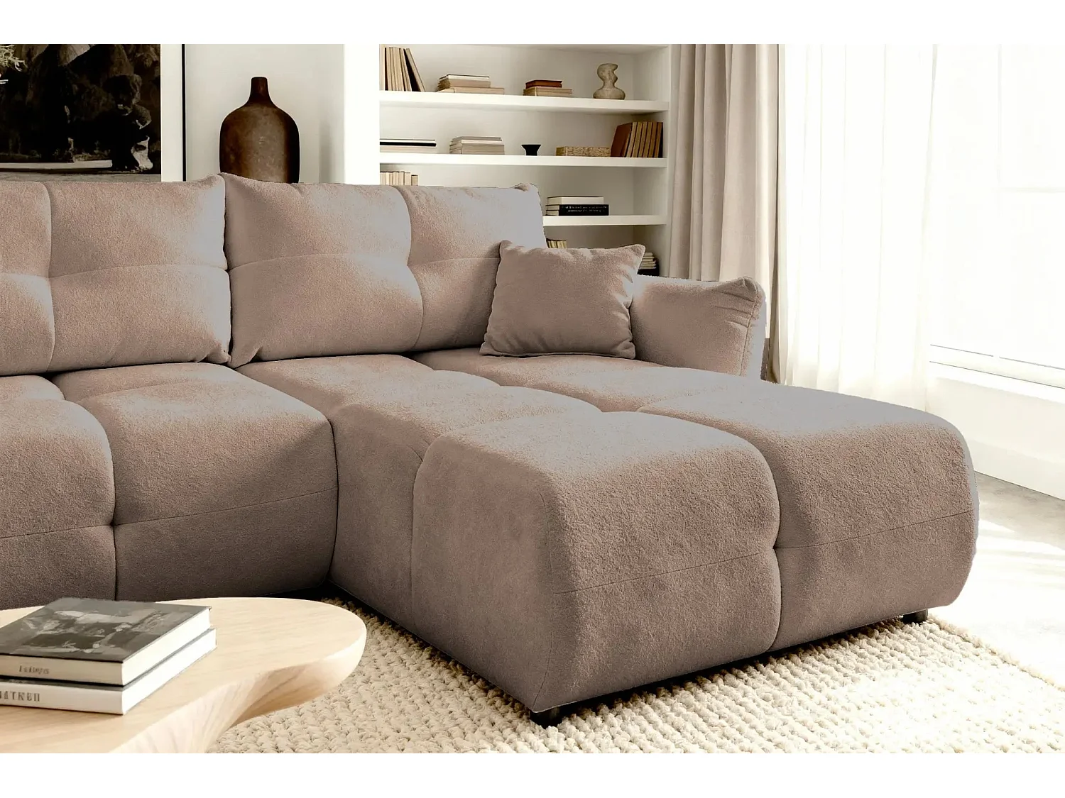 JUNE - Canapé d'angle convertible tissu bouclette 3 places - Café