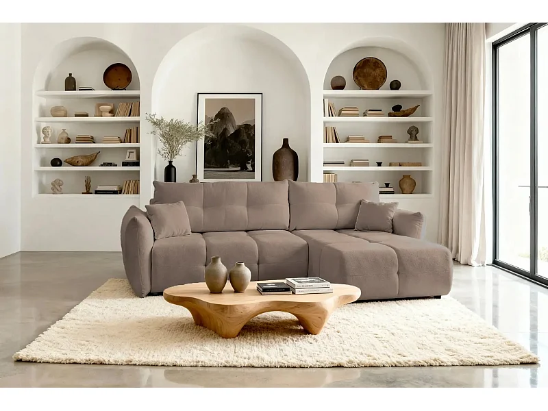 JUNE - Canapé d'angle convertible tissu bouclette 3 places - Café