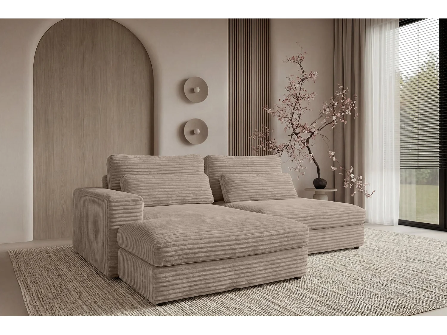 AGATHE - Canapé d'angle convertible gros velours côtelé 4 places - Café - Droit