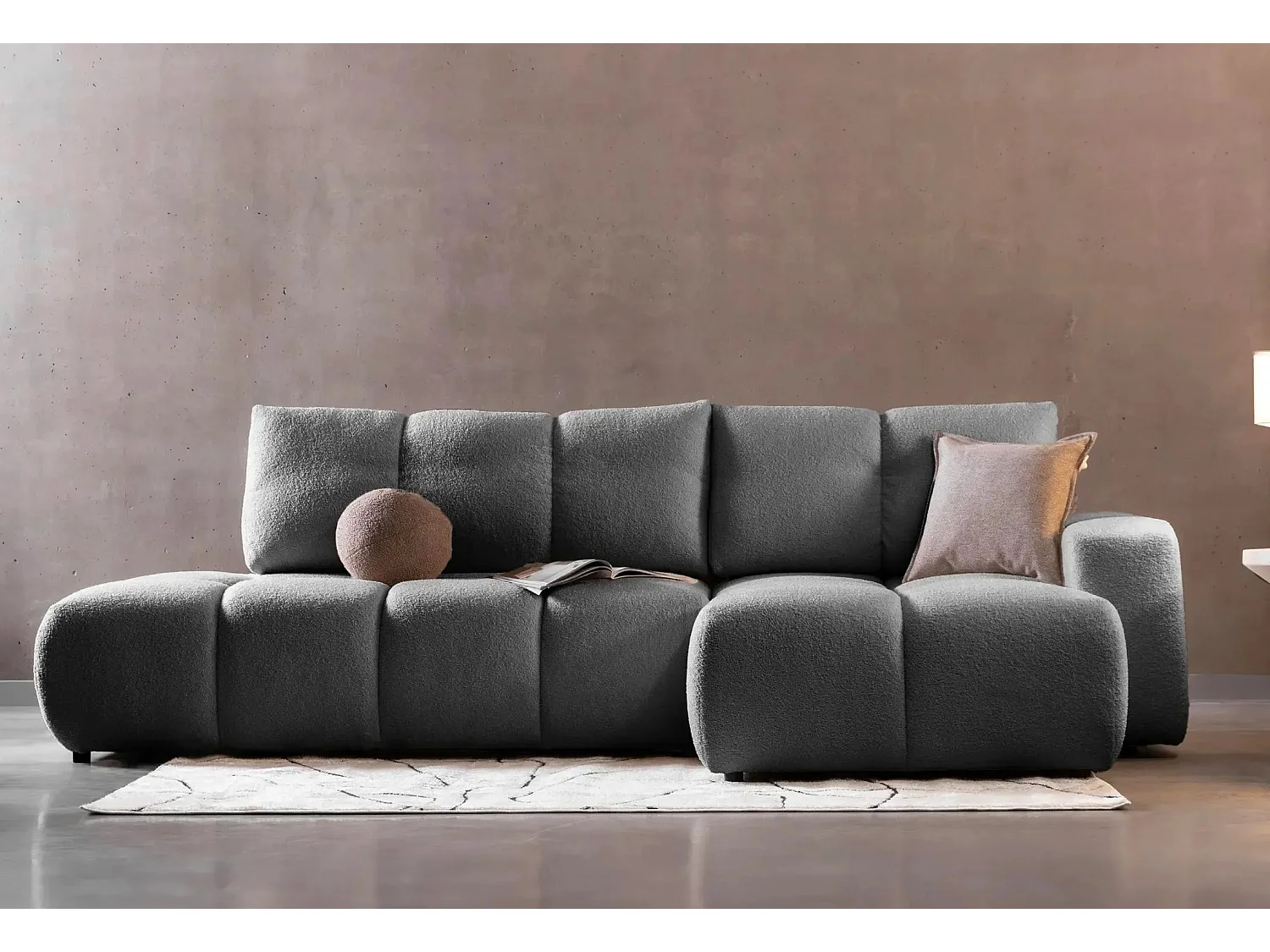 CONSTANCE - Canapé d'angle convertible tissu bouclette 4 places - Gris foncé - Droit