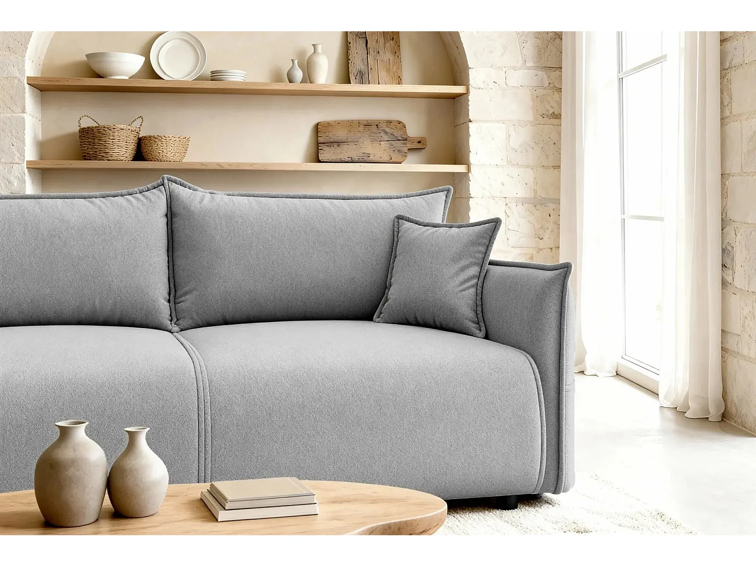 CAROLINA - Canapé droit convertible tissu chiné 3 places - Gris clair