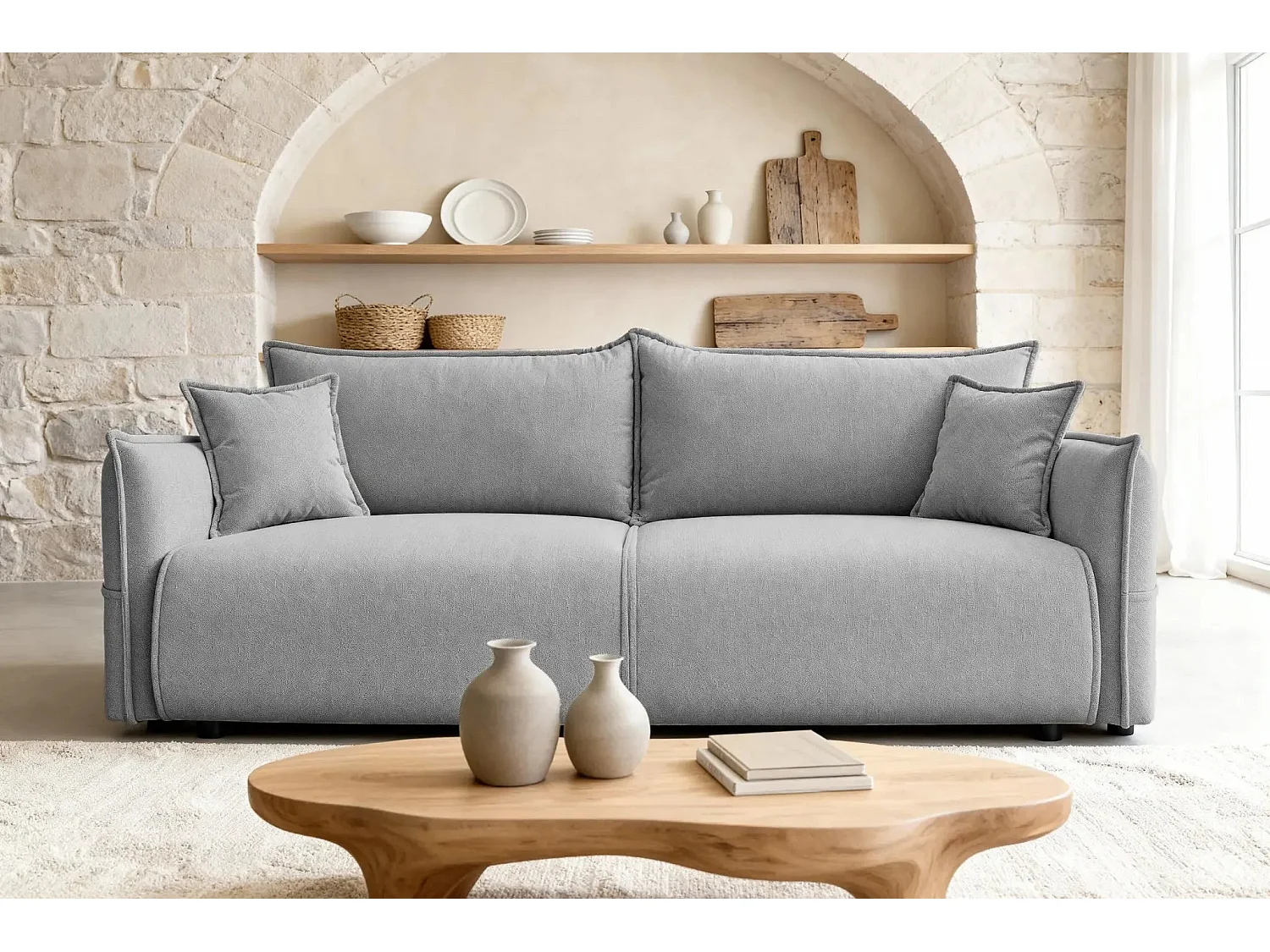 Canapé convertible 3 places en tissu chiné gris clair CAROLINA