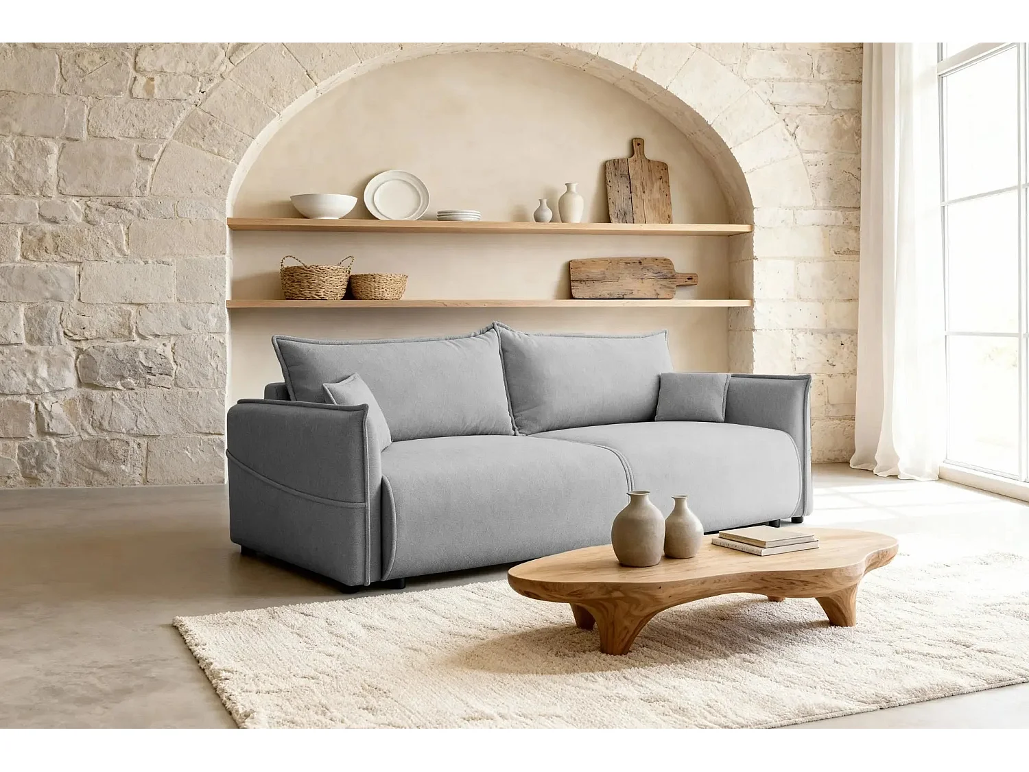 Canapé convertible 3 places en tissu chiné gris clair CAROLINA