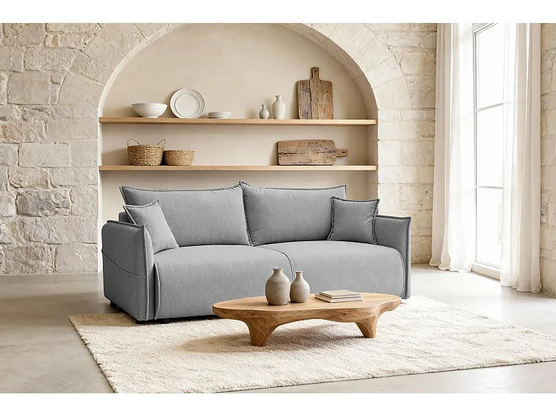 CAROLINA - Canapé droit convertible tissu chiné 3 places - Gris clair