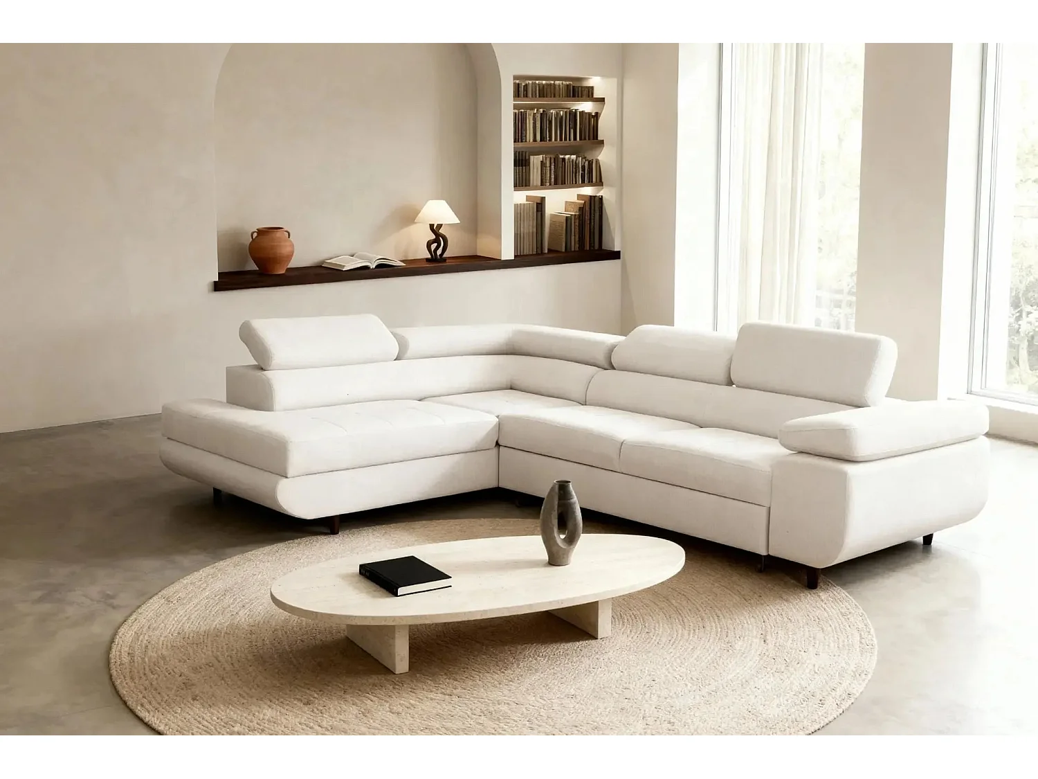 CHARLIE L - Canapé d'angle convertible tissu lisse 4 places - Beige - Gauche