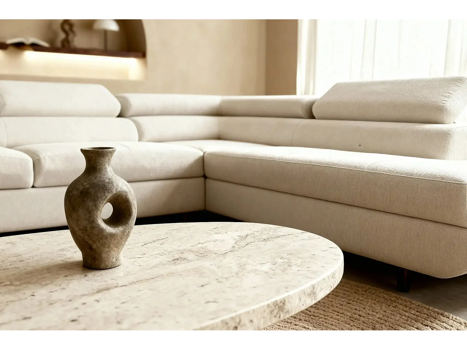 CHARLIE L - Canapé d'angle convertible tissu lisse 4 places - Beige - Gauche