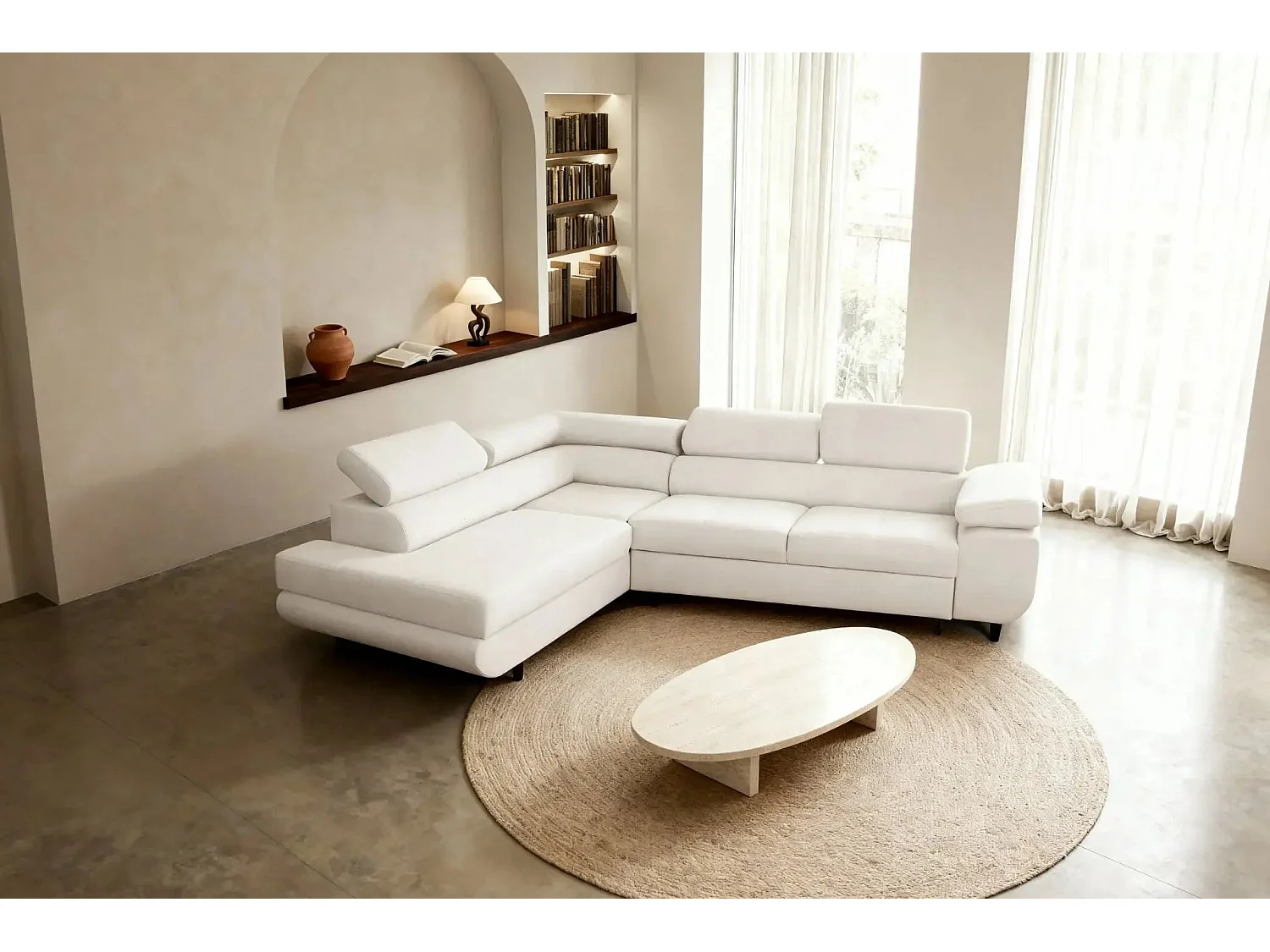 CHARLIE L - Canapé d'angle convertible tissu lisse 4 places - Beige - Gauche