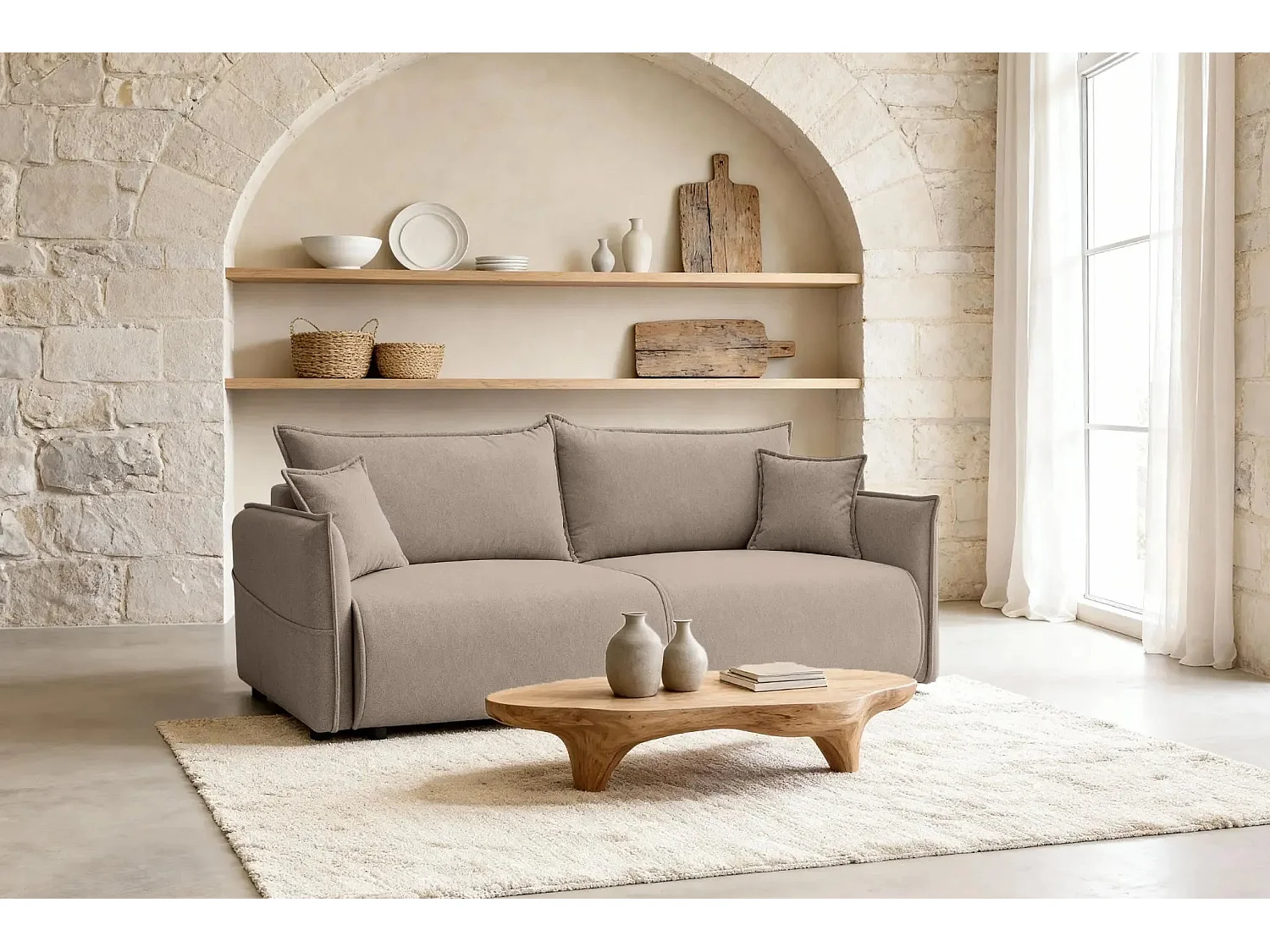 CAROLINA - Canapé droit convertible tissu chiné 3 places - Café