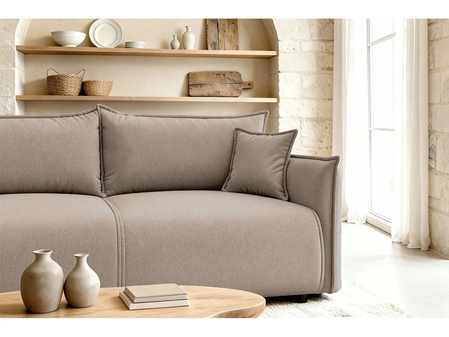 CAROLINA - Canapé droit convertible tissu chiné 3 places - Café