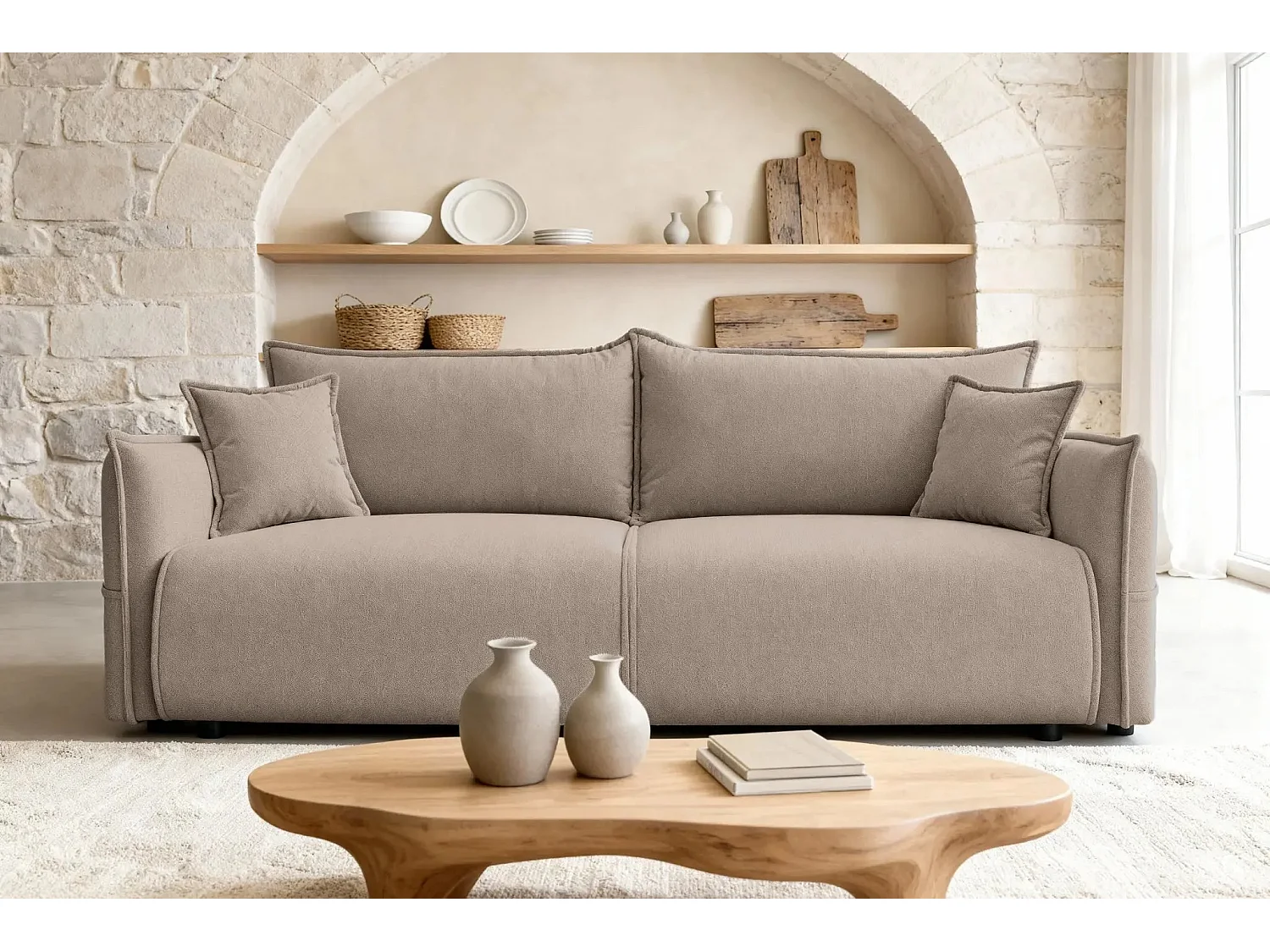 CAROLINA - Canapé droit convertible tissu chiné 3 places - Café