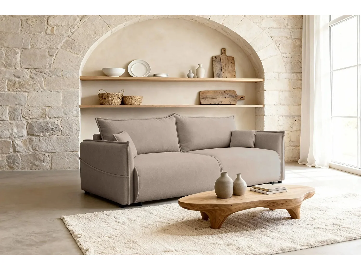 CAROLINA - Canapé droit convertible tissu chiné 3 places - Café