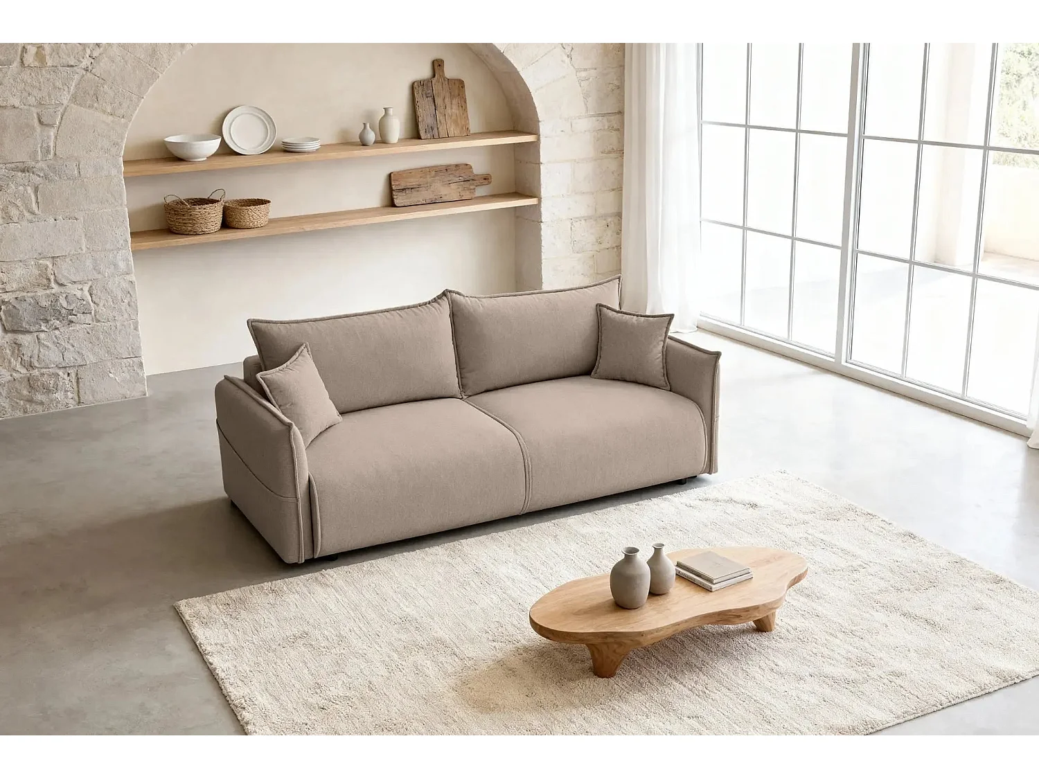 CAROLINA - Canapé droit convertible tissu chiné 3 places - Café