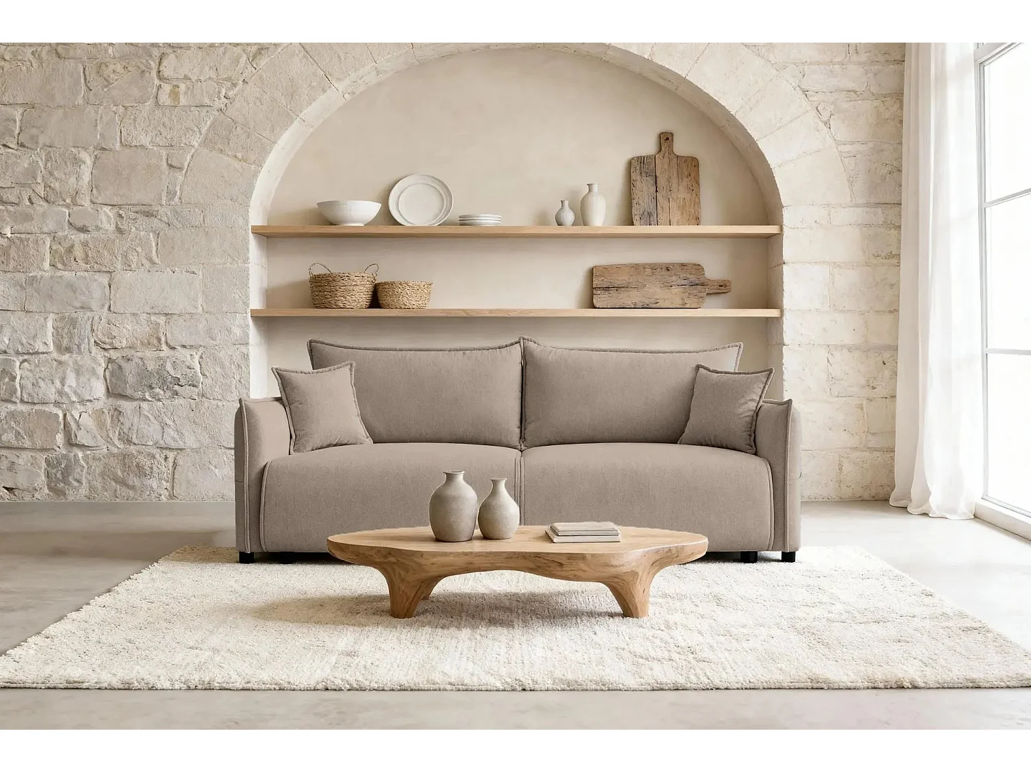 Canapé convertible 3 places en tissu chiné marron CAROLINA