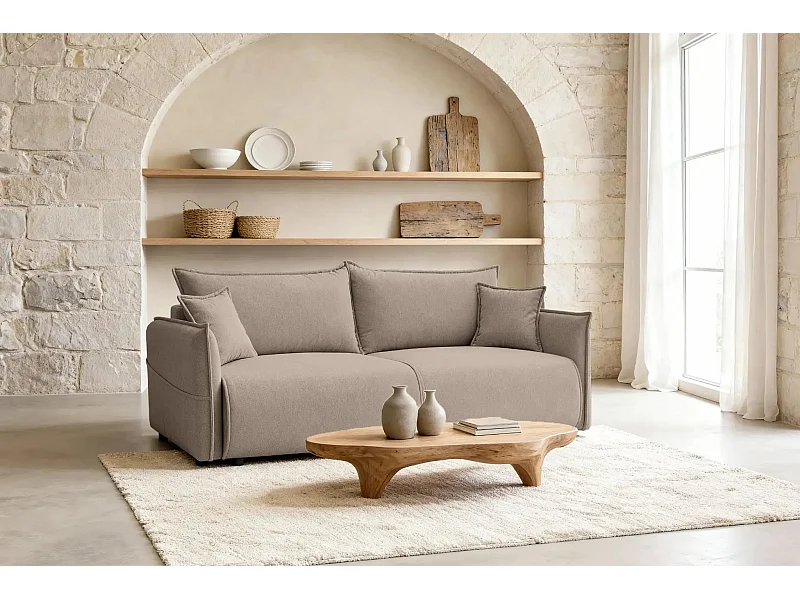 CAROLINA - Canapé droit convertible tissu chiné 3 places - Café