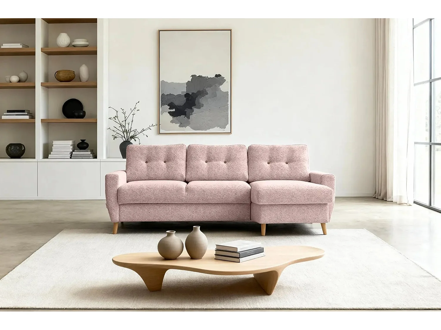 GASPARD - Canapé d'angle convertible tissu bouclette 4 places - Rose - Gauche