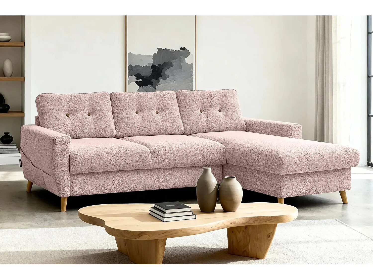 GASPARD - Canapé d'angle convertible tissu bouclette 4 places - Rose - Gauche