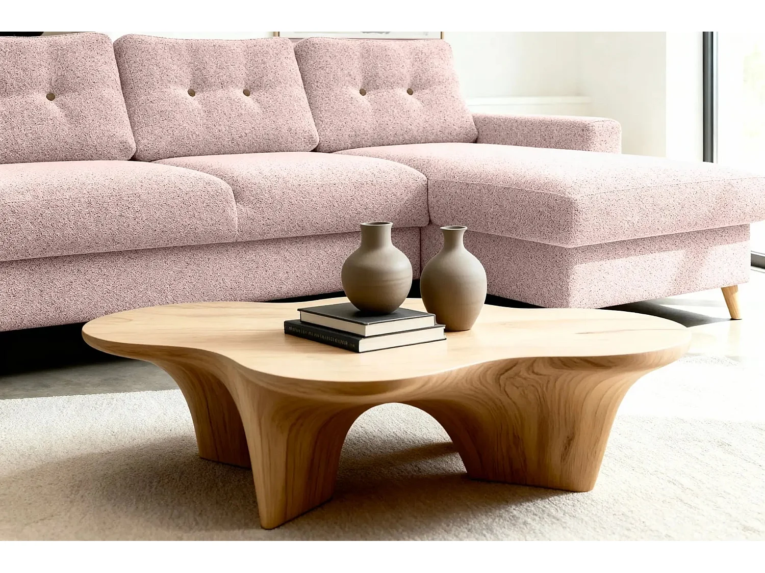 GASPARD - Canapé d'angle convertible tissu bouclette 4 places - Rose - Gauche