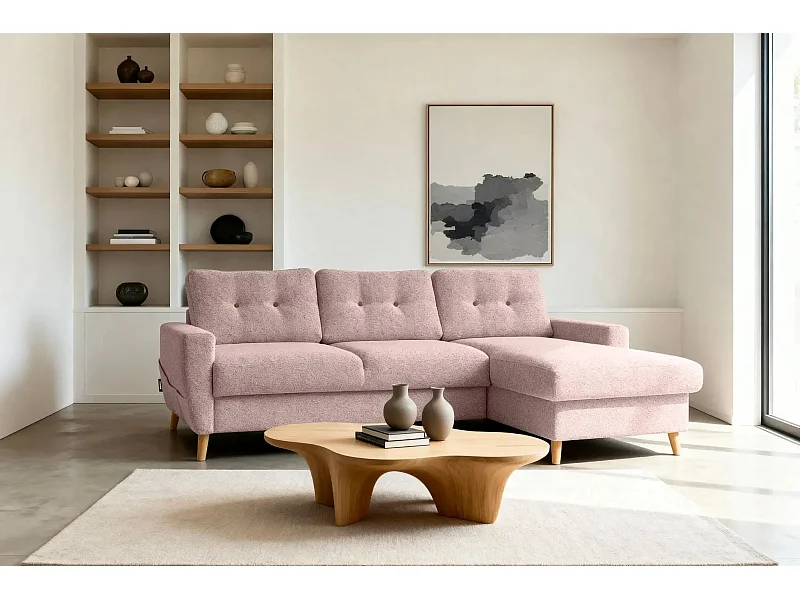 GASPARD - Canapé d'angle convertible tissu bouclette 4 places - Rose - Gauche