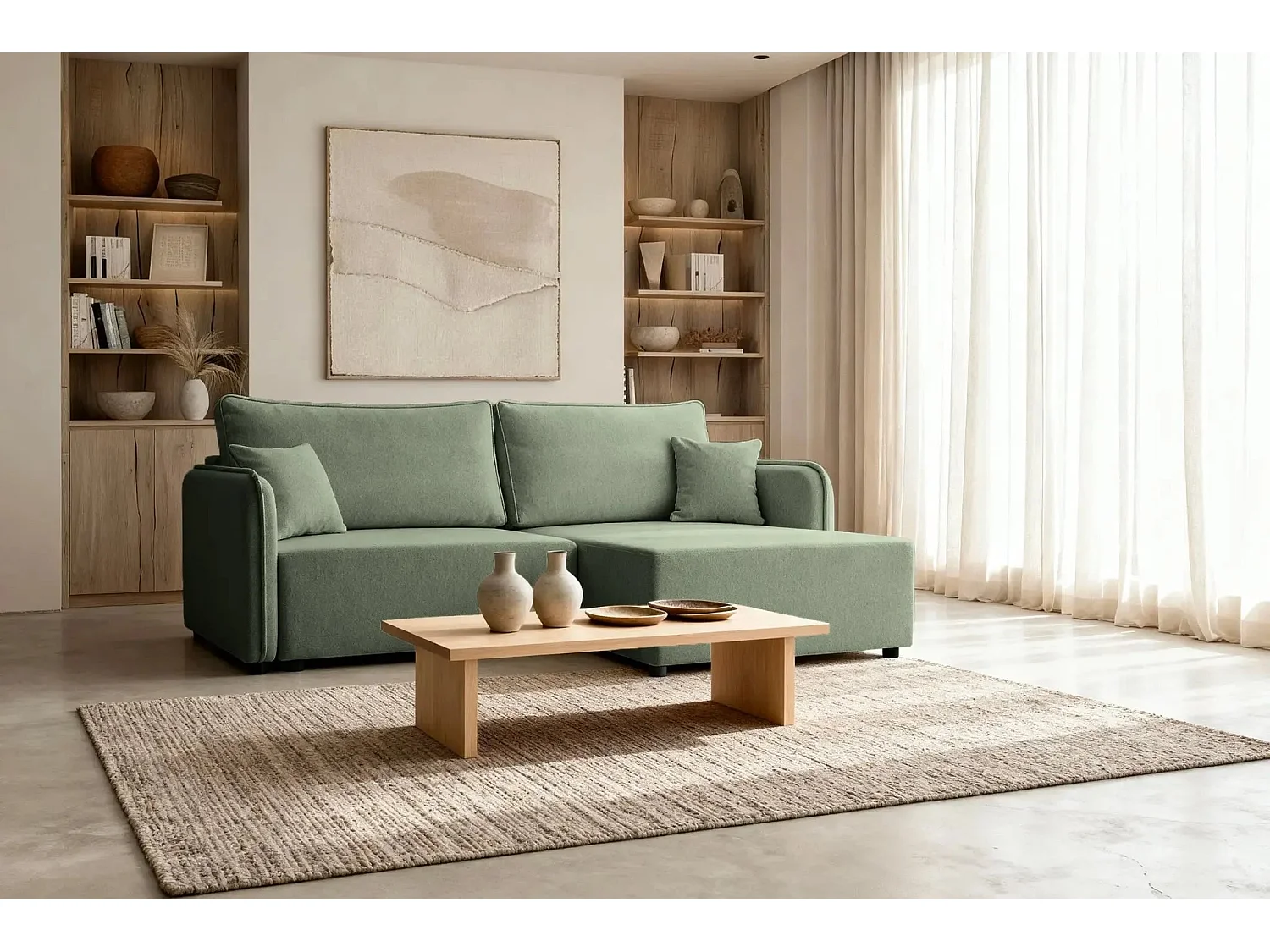 BONNIE - Canapé d'angle convertible tissu lisse 3 places - Vert - Gauche