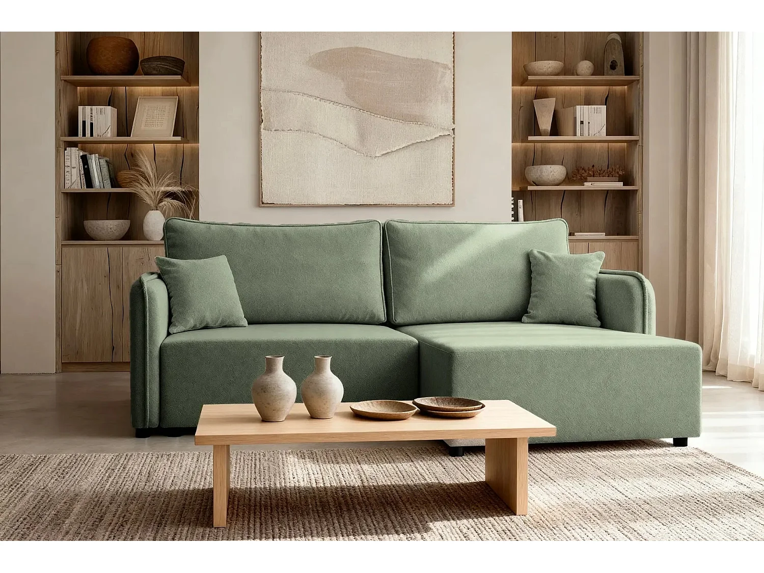 BONNIE - Canapé d'angle convertible tissu lisse 3 places - Vert - Gauche