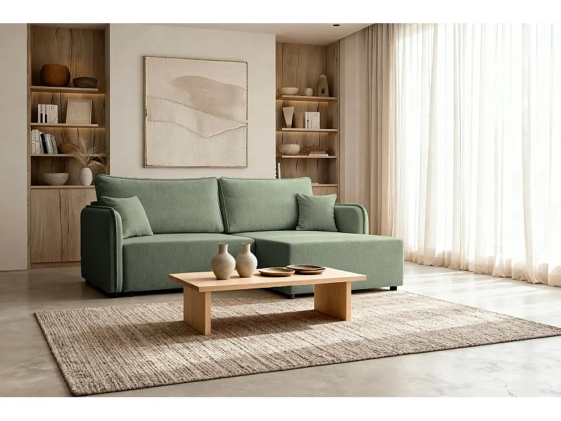 BONNIE - Canapé d'angle convertible tissu lisse 3 places - Vert - Gauche