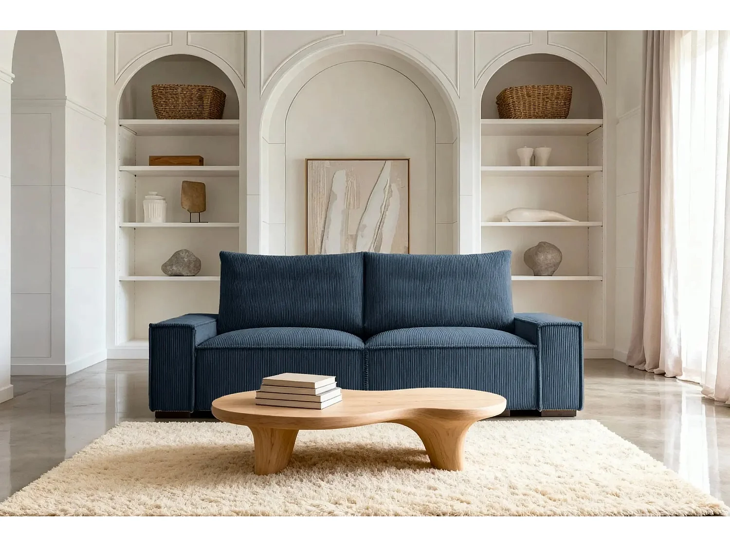 CLARY - Canapé droit convertible velours côtelé 2 places - Bleu