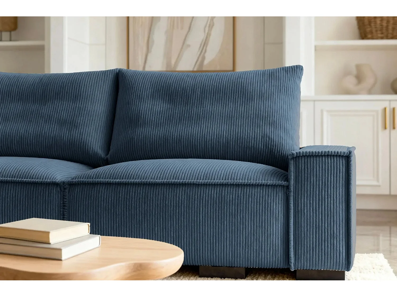 CLARY - Canapé droit convertible velours côtelé 2 places - Bleu