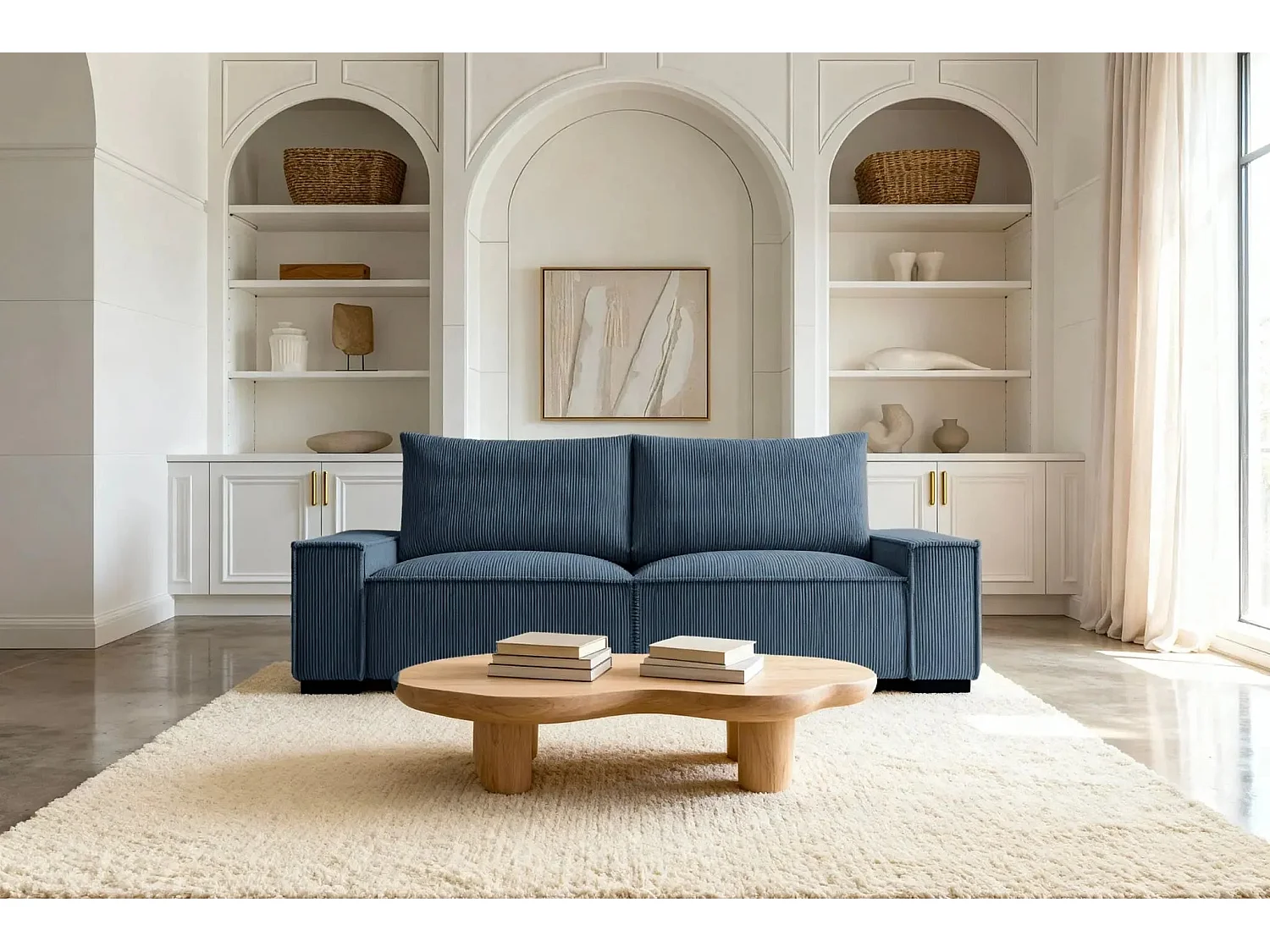 CLARY - Canapé droit convertible velours côtelé 2 places - Bleu