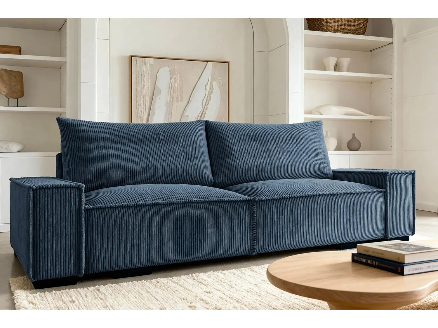 CLARY - Canapé droit convertible velours côtelé 2 places - Bleu