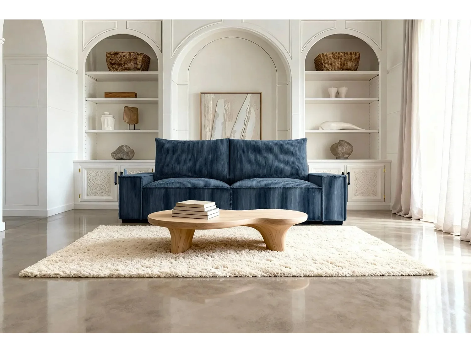 CLARY - Canapé droit convertible velours côtelé 2 places - Bleu