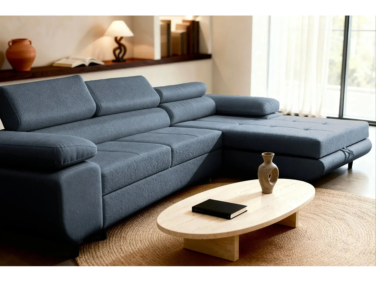 CHARLIE - Canapé d'angle convertible tissu chiné 4 places - Bleu - Gauche