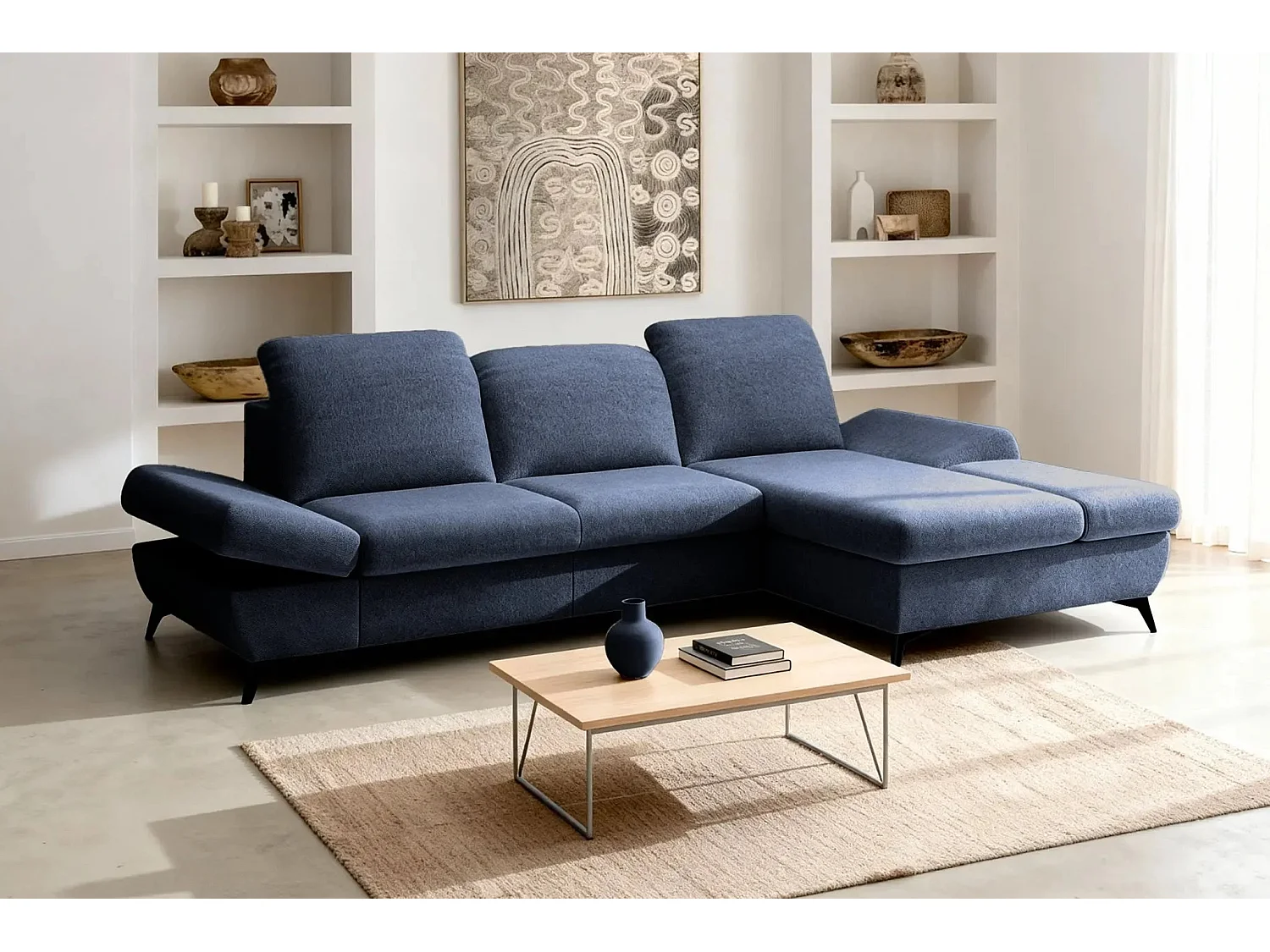 LIVIA - Canapé d'angle convertible tissu chiné 4 places - Bleu - Droit