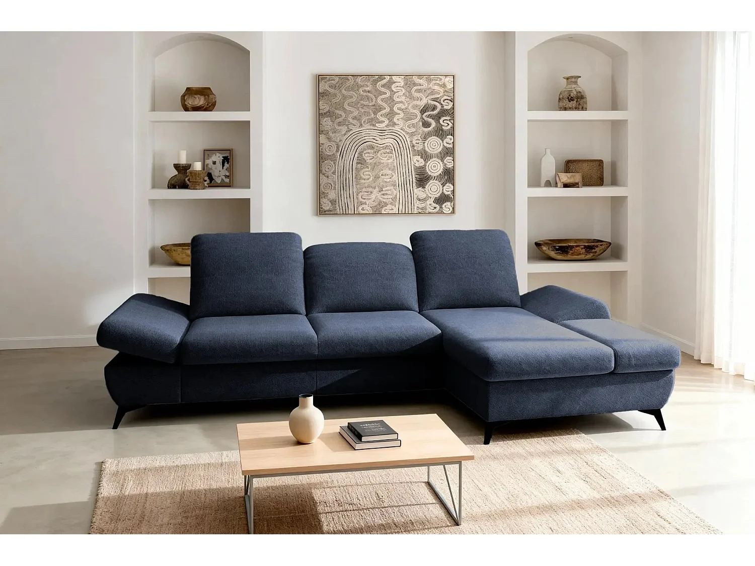 LIVIA - Canapé d'angle convertible tissu chiné 4 places - Bleu - Droit