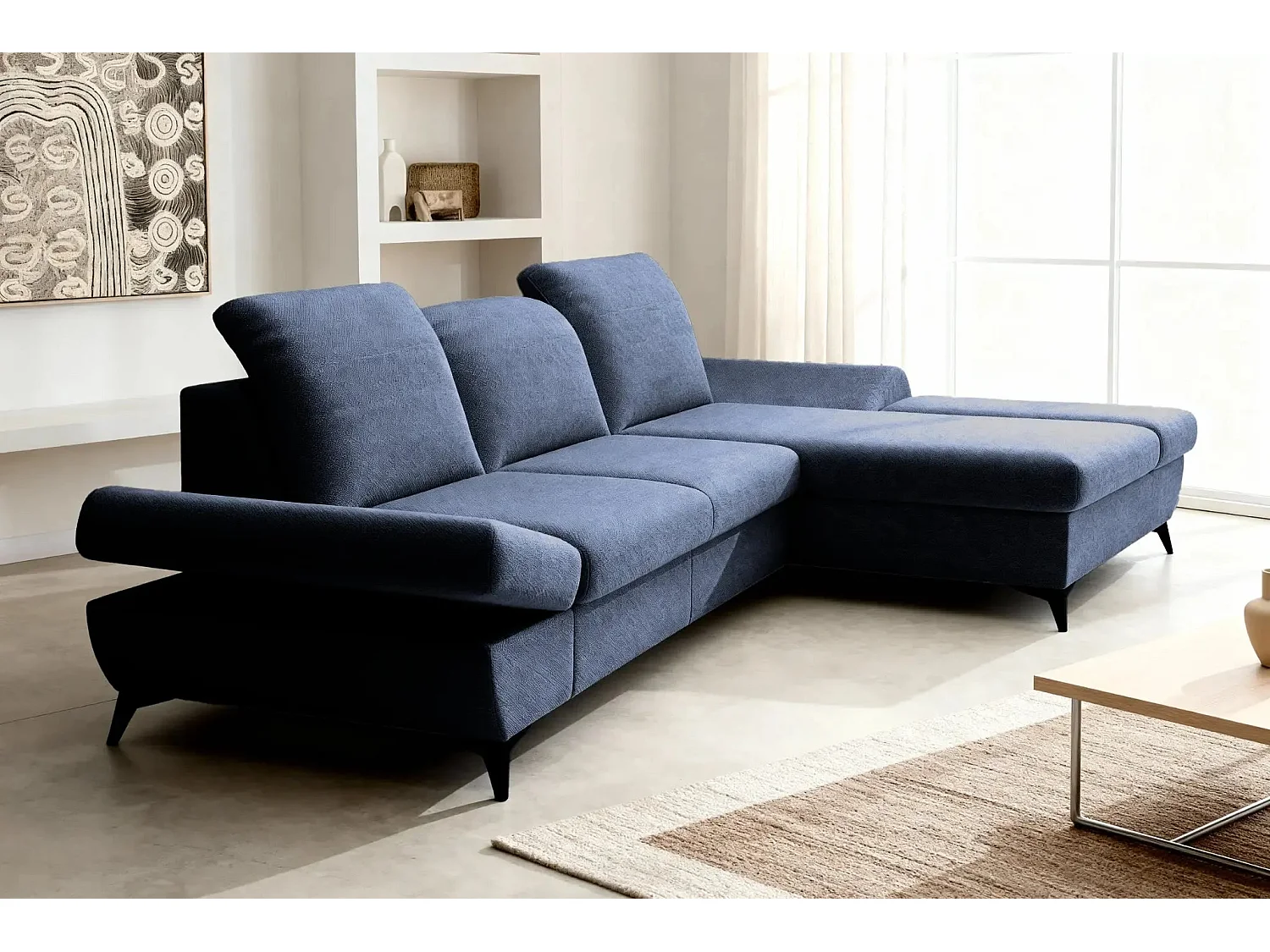 LIVIA - Canapé d'angle convertible tissu chiné 4 places - Bleu - Droit