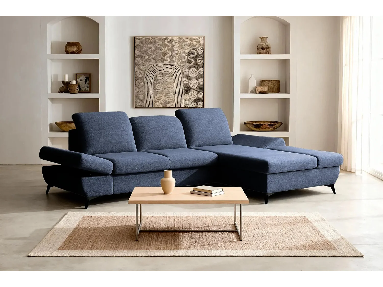 LIVIA - Canapé d'angle convertible tissu chiné 4 places - Bleu - Droit