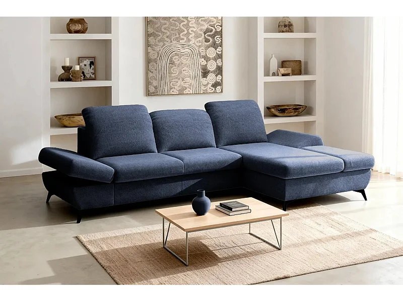 LIVIA - Canapé d'angle convertible tissu chiné 4 places - Bleu - Droit