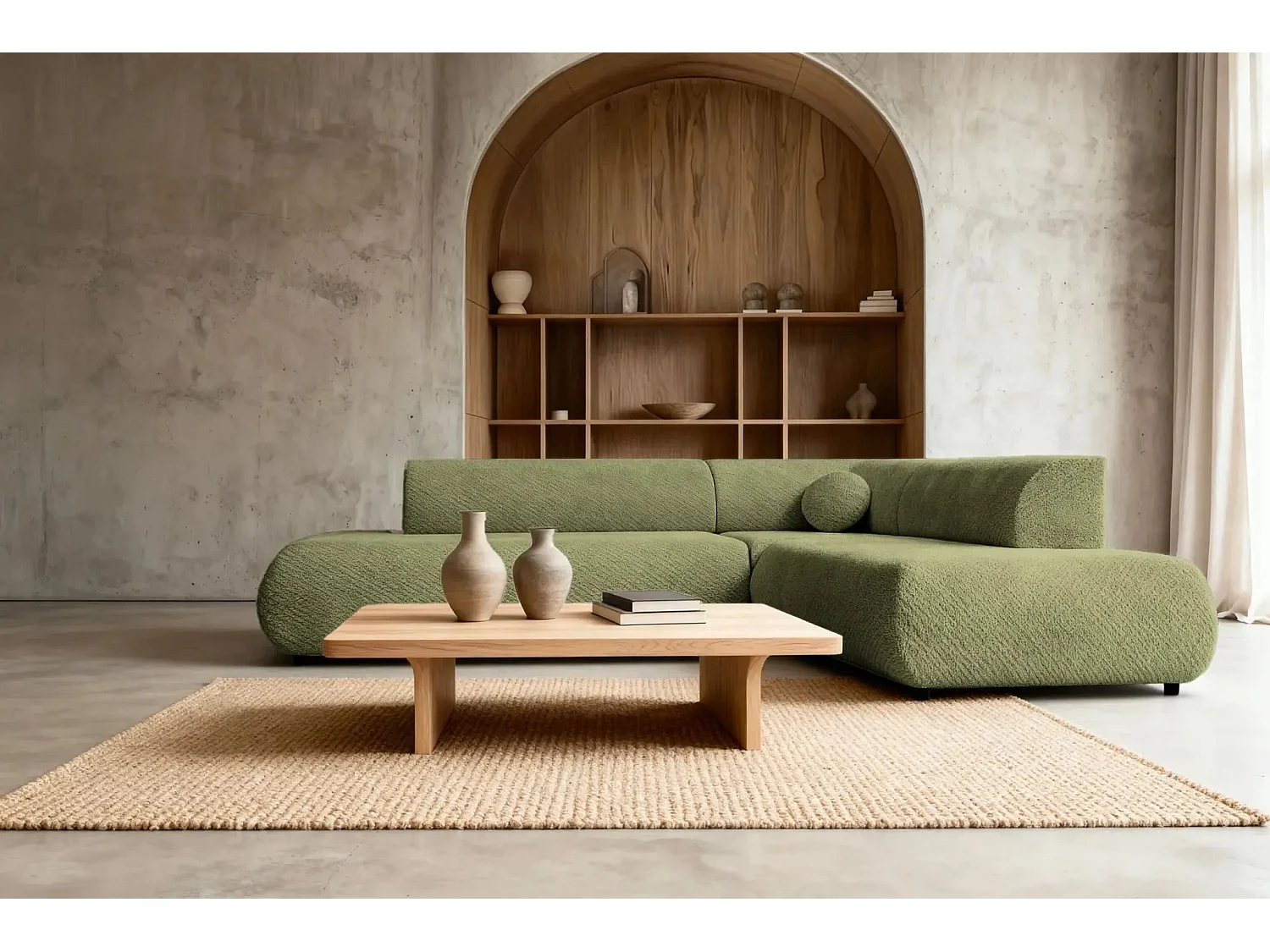 LEVI - Canapé panoramique convertible tissu lisse 5 places - Vert - Gauche