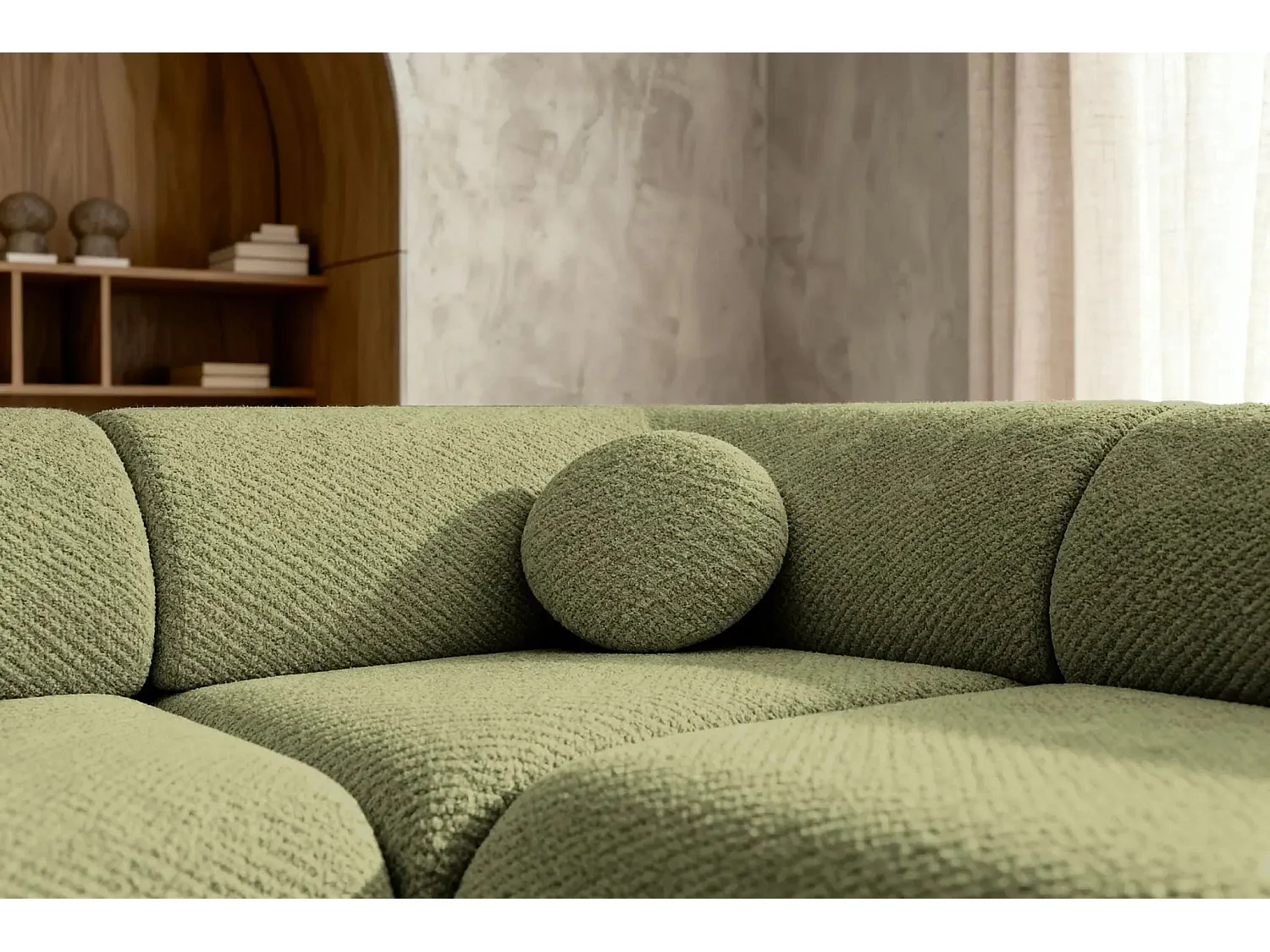 LEVI - Canapé panoramique convertible tissu lisse 5 places - Vert - Gauche