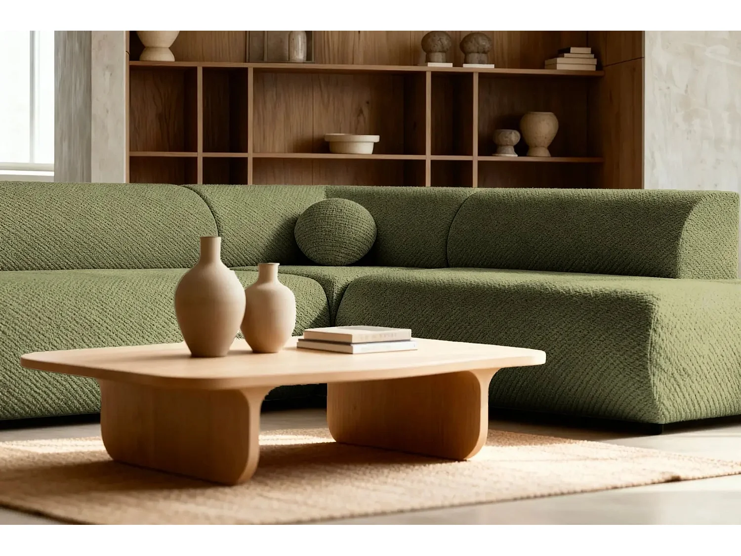 LEVI - Canapé panoramique convertible tissu lisse 5 places - Vert - Gauche