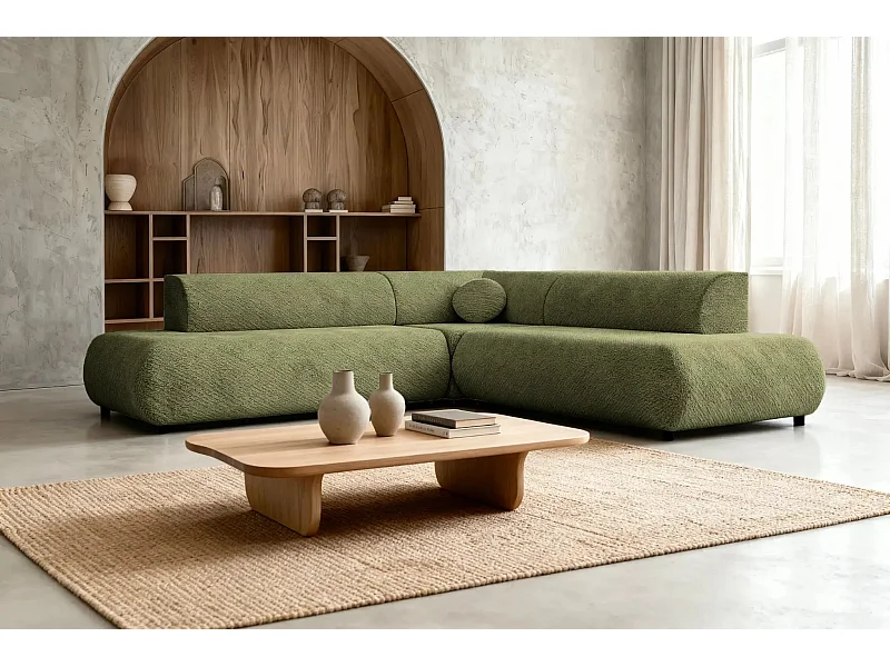 LEVI - Canapé panoramique convertible tissu lisse 5 places - Vert - Gauche