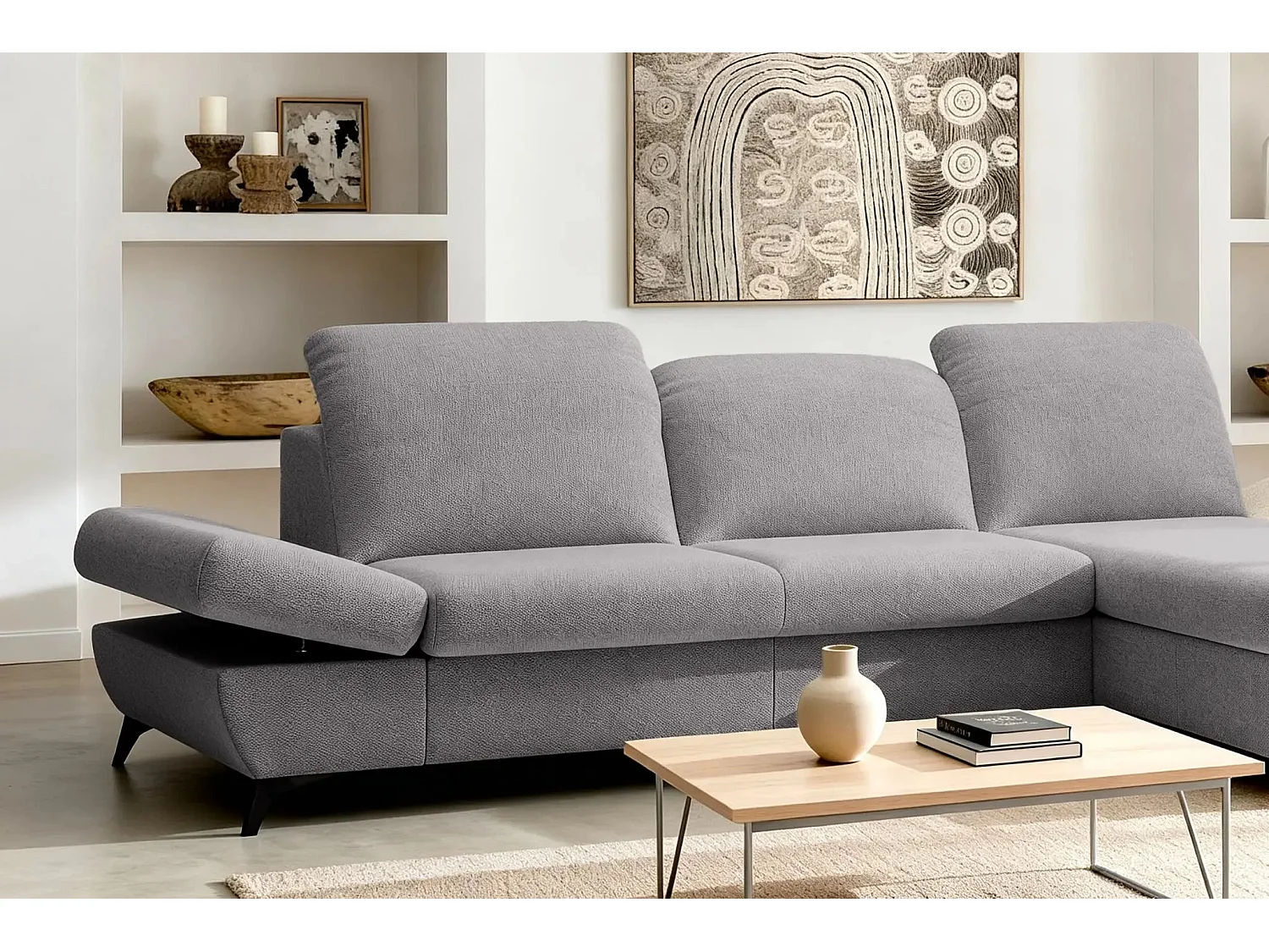 LIVIA - Canapé d'angle convertible tissu chiné 4 places - Gris clair - Droit