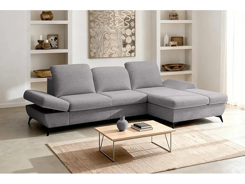 LIVIA - Canapé d'angle convertible tissu chiné 4 places - Gris clair - Droit