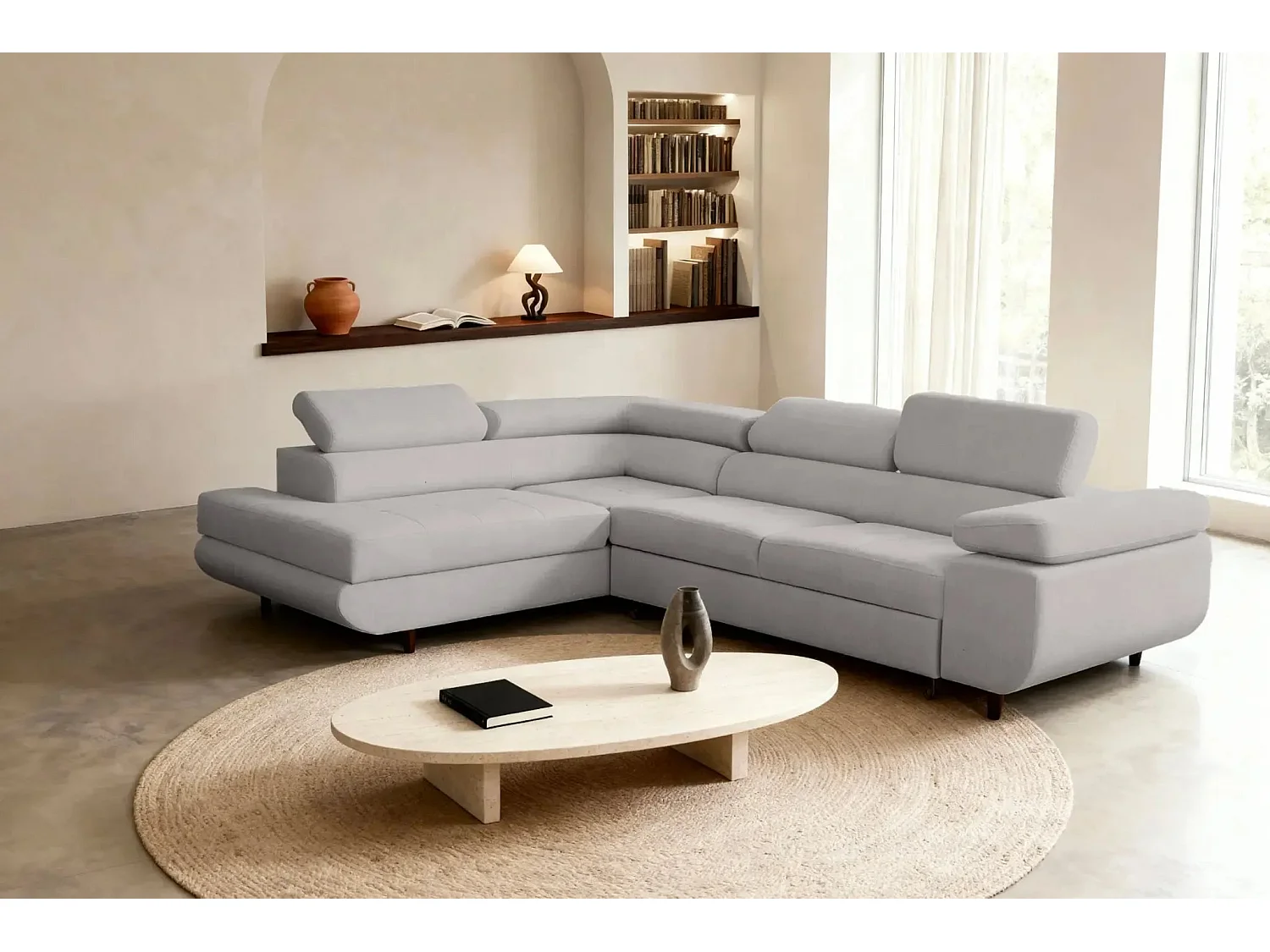 CHARLIE L - Canapé d'angle convertible tissu lisse 4 places - Gris clair - Droit